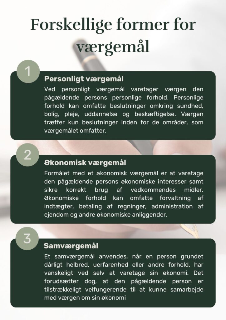 Former for værgemål personligt værgemål økonomisk værgemål samværgemål værge